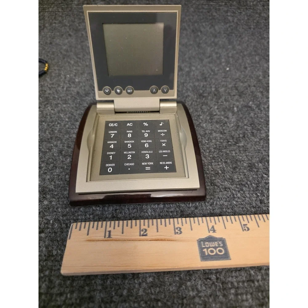 CIA Central Intelligence Agency Desk World Time LCD Clock Calculator Wood Base